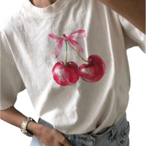 RoseSeek Women's Graphic Cherry Bow Tees Casual Letter Print Round Neck T Shirt Summer Short Sleeve Trendy Tops