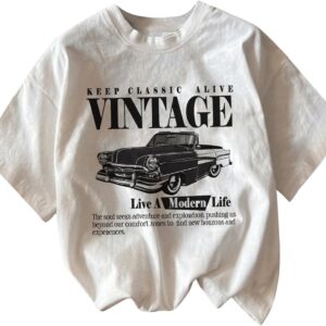 RoseSeek Women's Graphic Letter Tee Crew Neck Drop Shoulder Trendy Summer T Shirt Short Sleeve Vintage Car Print Top