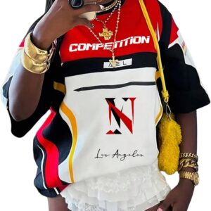 RoseSeek Women's Jersey Shirts Graphic Color Block Racing T Shirt Short Sleeve Crewneck Preppy Tee Tops Vintage Y2K Clothes