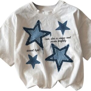 RoseSeek Women's Star Graphic Letter Print Tee Tops Casual Crewneck Short Sleeve T Shirt