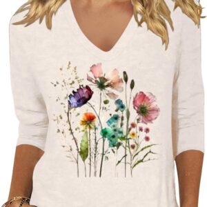 Scgirl Womens 3\/4 Sleeve V Neck T-Shirts Floral Printed Cute Tunic Tops Casual Basic Top Pullover