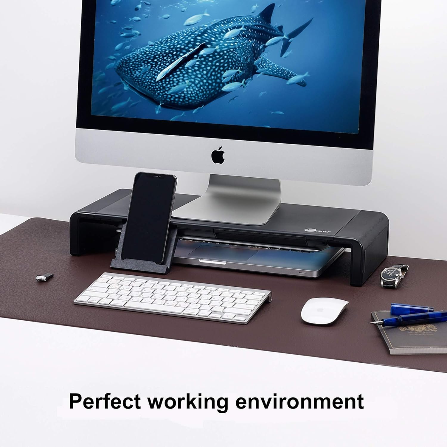 SIIG Extra Large Black Vegan Leather Desk Mat and Foldable Monitor Stand - Image 6