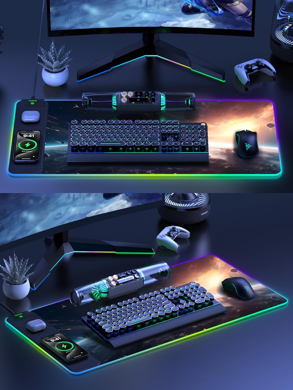 TopMade RGB Gaming Mouse Pad with 15W Wireless Charging, 31.5” x 15.8” XXL Large Desk Mat Home Office Keyboard Pad for Desk, Waterproof Mousepad with Smooth Surface, Non-Slip Base, Cosmic Planet - Image 8