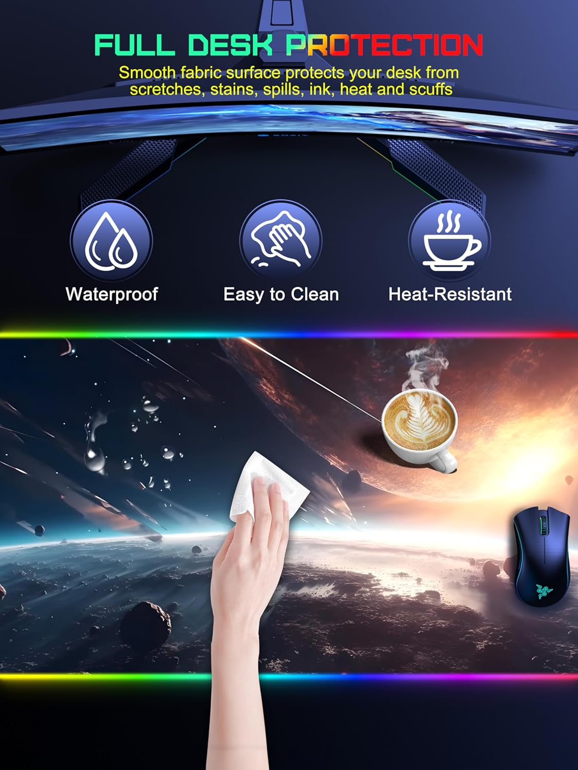 TopMade RGB Gaming Mouse Pad with 15W Wireless Charging, 31.5” x 15.8” XXL Large Desk Mat Home Office Keyboard Pad for Desk, Waterproof Mousepad with Smooth Surface, Non-Slip Base, Cosmic Planet - Image 7