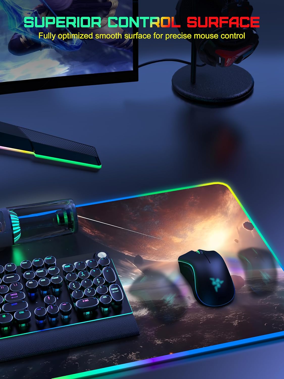 TopMade RGB Gaming Mouse Pad with 15W Wireless Charging, 31.5” x 15.8” XXL Large Desk Mat Home Office Keyboard Pad for Desk, Waterproof Mousepad with Smooth Surface, Non-Slip Base, Cosmic Planet - Image 5