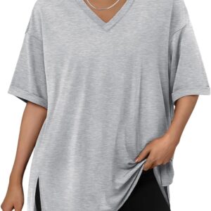 Trendy Queen Oversized Tshirts for Women Workout Plus Size Tops V Neck Short Sleeve Gym Shirts Casual Loose Fit Basic Tees