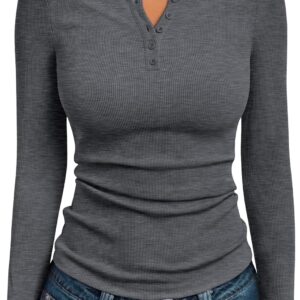 Trendy Queen Womens Long Sleeve Shirts 2025 Henley Casual Fall Outfits Fitted Cotton Tops Ribbed Fashion Basic Tees