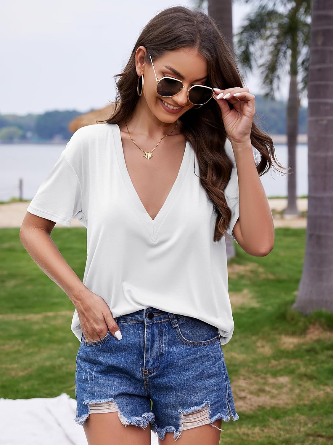 UNCLECAT Womens Deep V-Neck T Shirts Sexy Short Sleeve Tops Summer Oversized Tee - Image 2