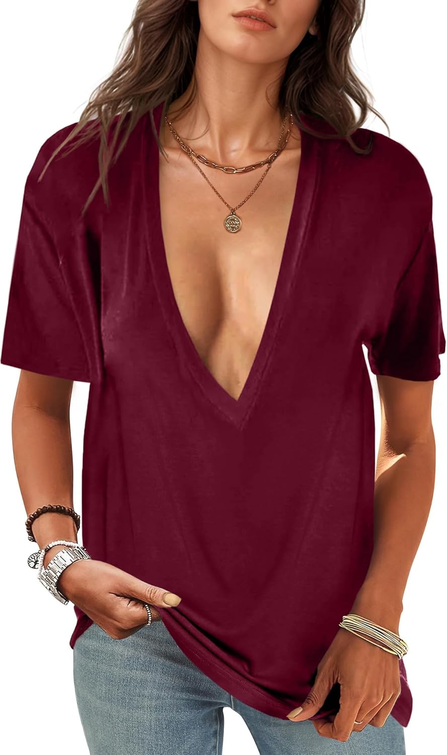 UNCLECAT Womens Deep V-Neck T Shirts Sexy Short Sleeve Tops Summer Oversized Tee - Image 10