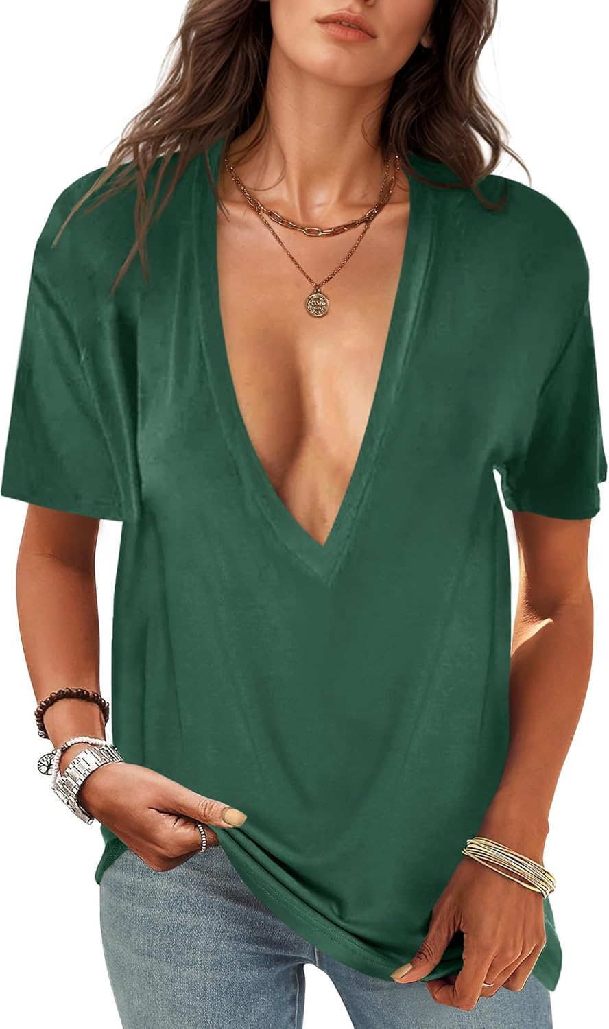 UNCLECAT Womens Deep V-Neck T Shirts Sexy Short Sleeve Tops Summer Oversized Tee - Image 13