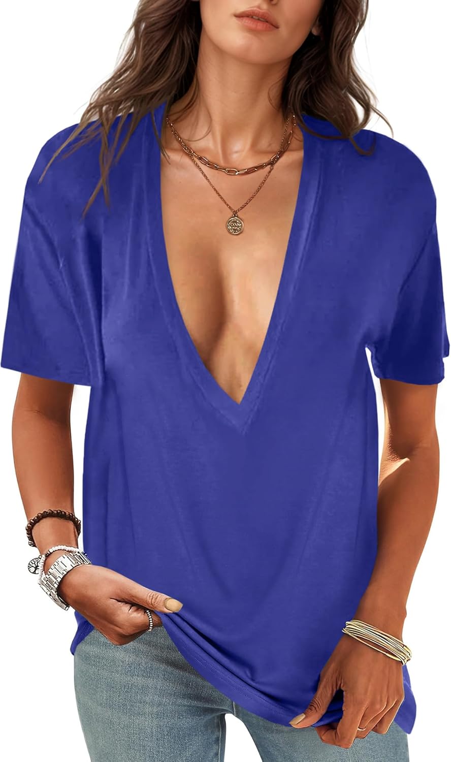 UNCLECAT Womens Deep V-Neck T Shirts Sexy Short Sleeve Tops Summer Oversized Tee - Image 6