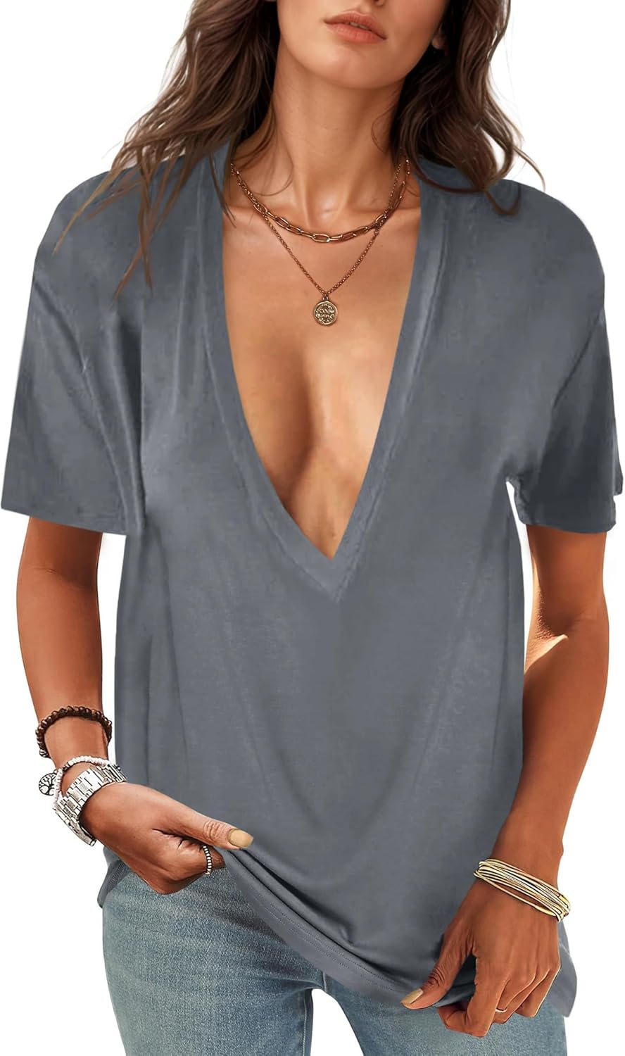 UNCLECAT Womens Deep V-Neck T Shirts Sexy Short Sleeve Tops Summer Oversized Tee - Image 14