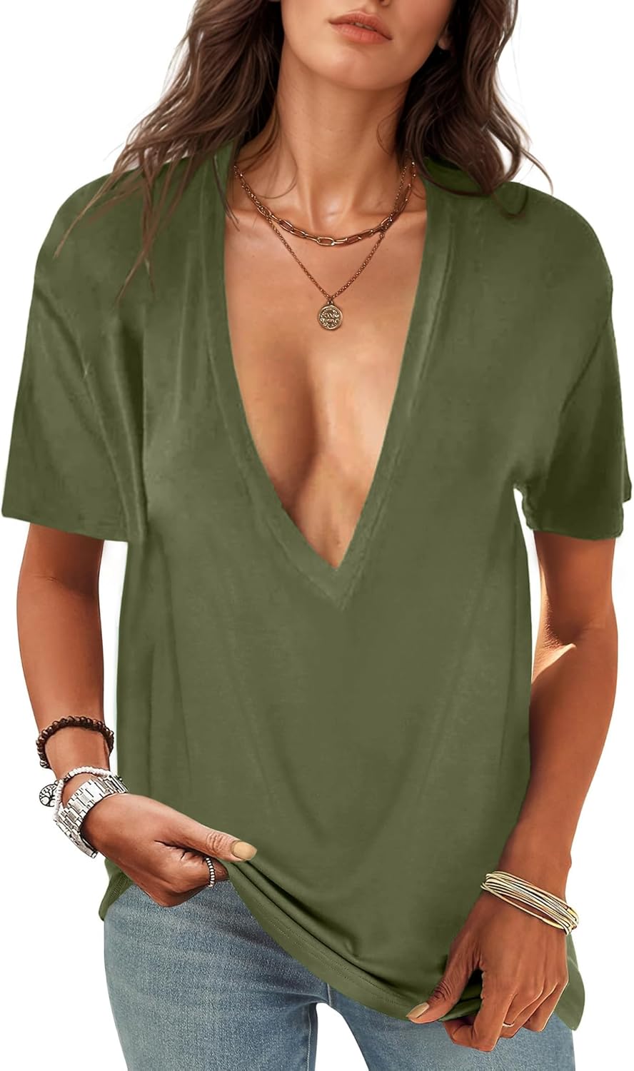 UNCLECAT Womens Deep V-Neck T Shirts Sexy Short Sleeve Tops Summer Oversized Tee - Image 16