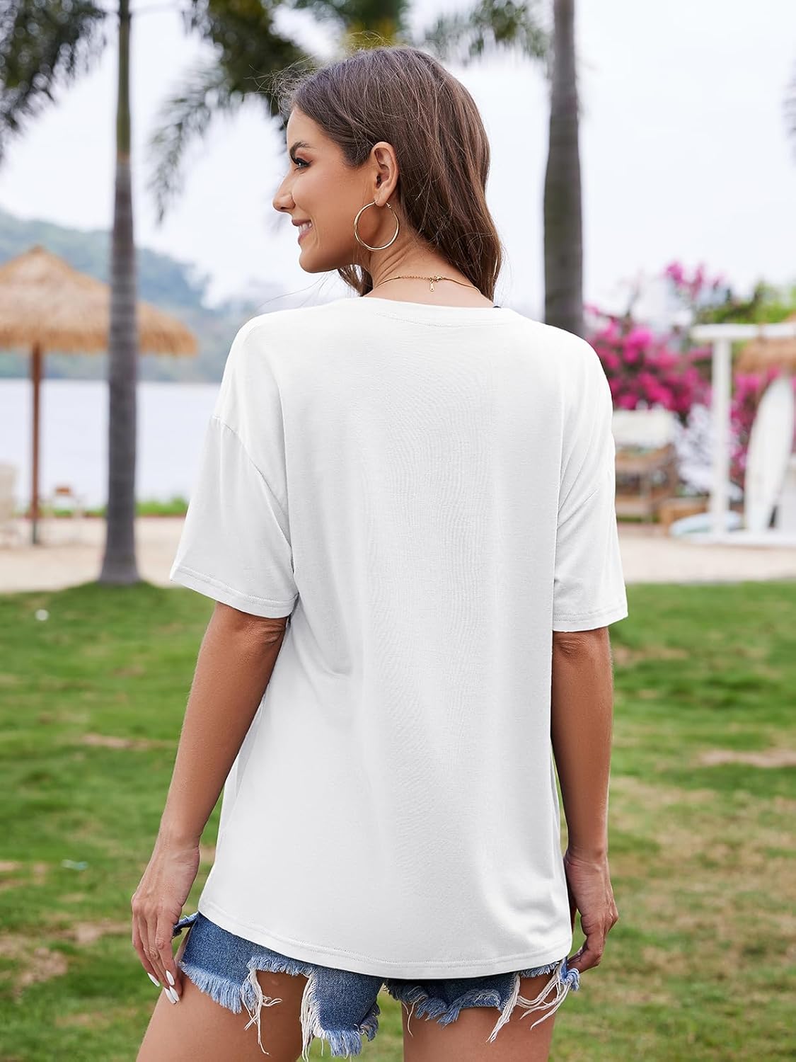 UNCLECAT Womens Deep V-Neck T Shirts Sexy Short Sleeve Tops Summer Oversized Tee - Image 4