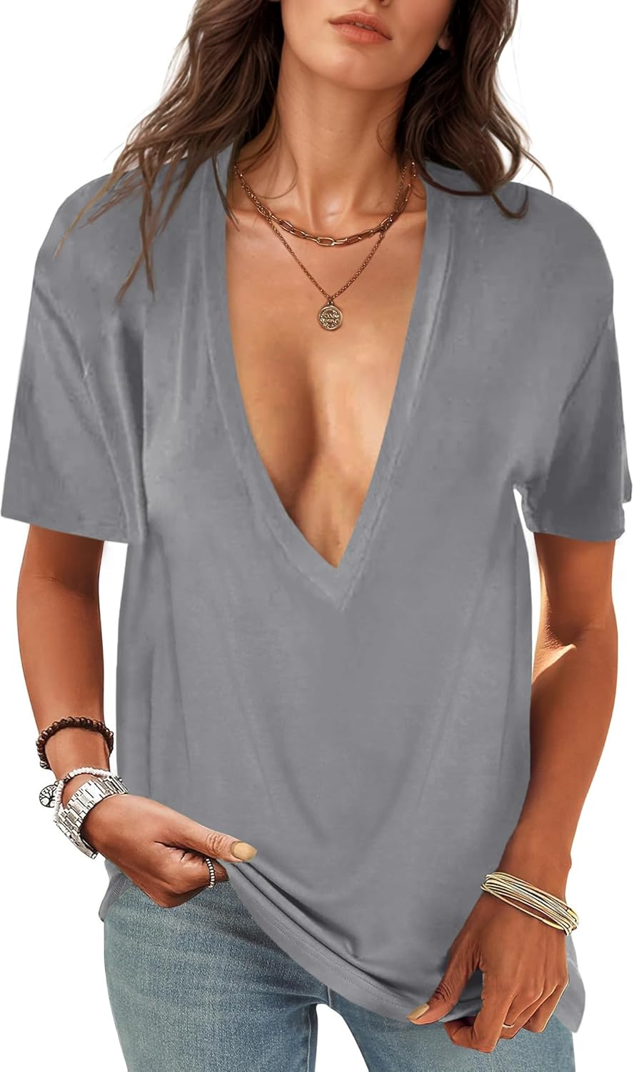 UNCLECAT Womens Deep V-Neck T Shirts Sexy Short Sleeve Tops Summer Oversized Tee - Image 19