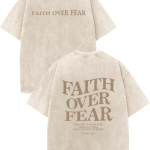Weetiotio Christian Faith Over Fear Shirt for Men Jesus Religious Shirts Oversized Graphic Tees Acid Wash God