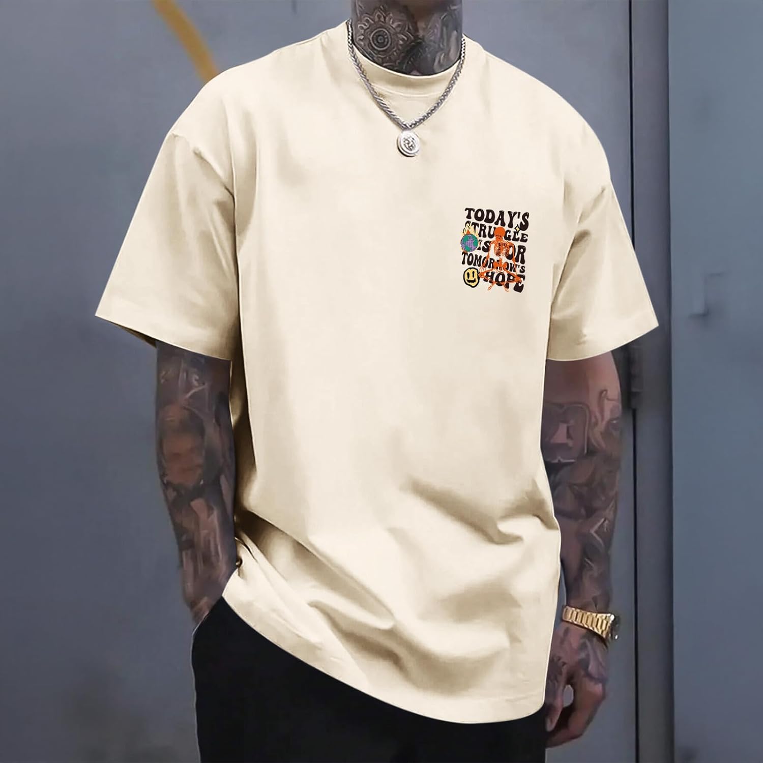 Weiyuqi Oversized Graphic Tshirt for Men Letter Print Vintage T Shirt Tees Casual Loose Fit Retro Streetwear Shirts Tops - Image 2