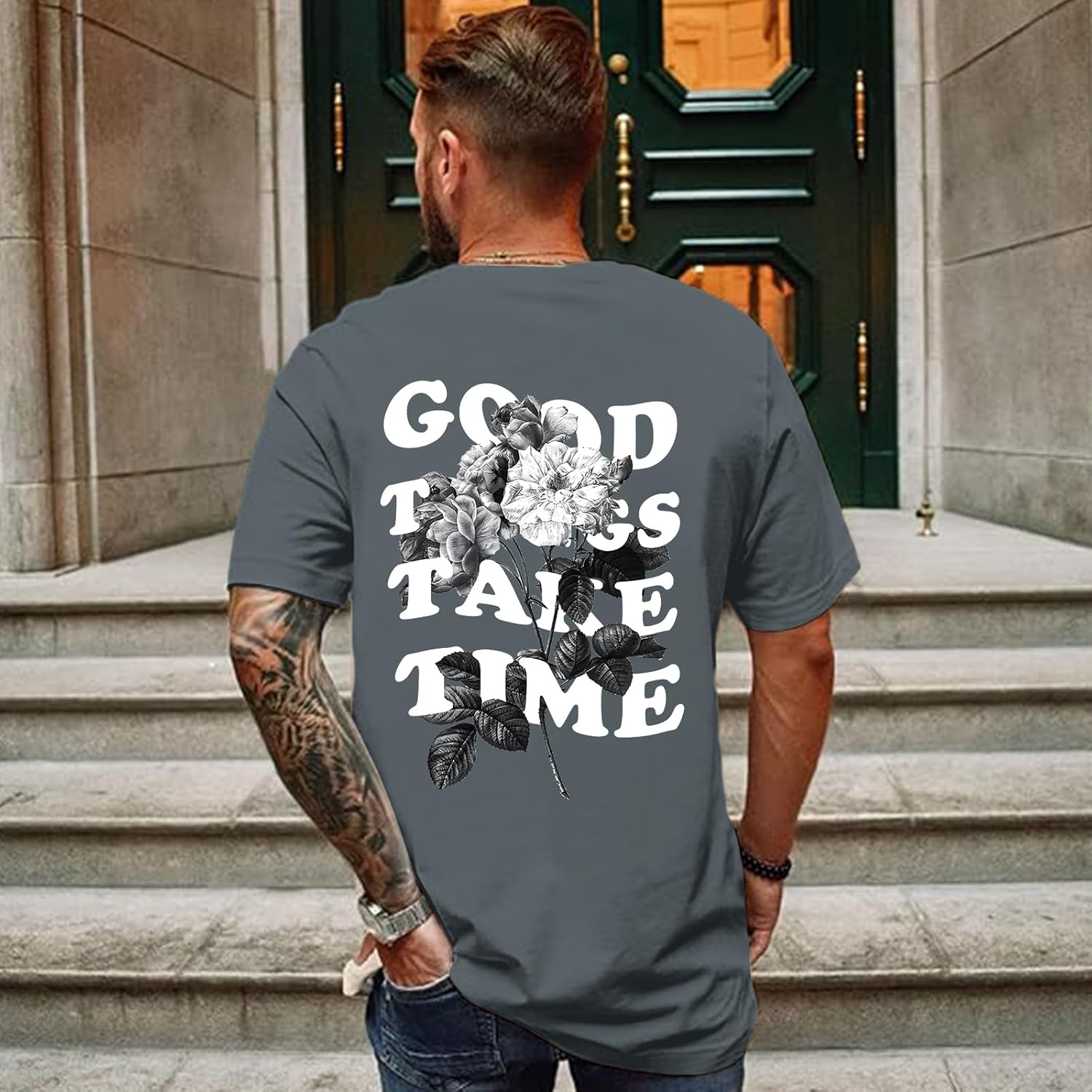 Werbavi Vintage Graphic Tees for Men Oversized Floral Letter Print Retro Streetwear T Shirts Casual Loose Fit Cotton Tops - Image 3