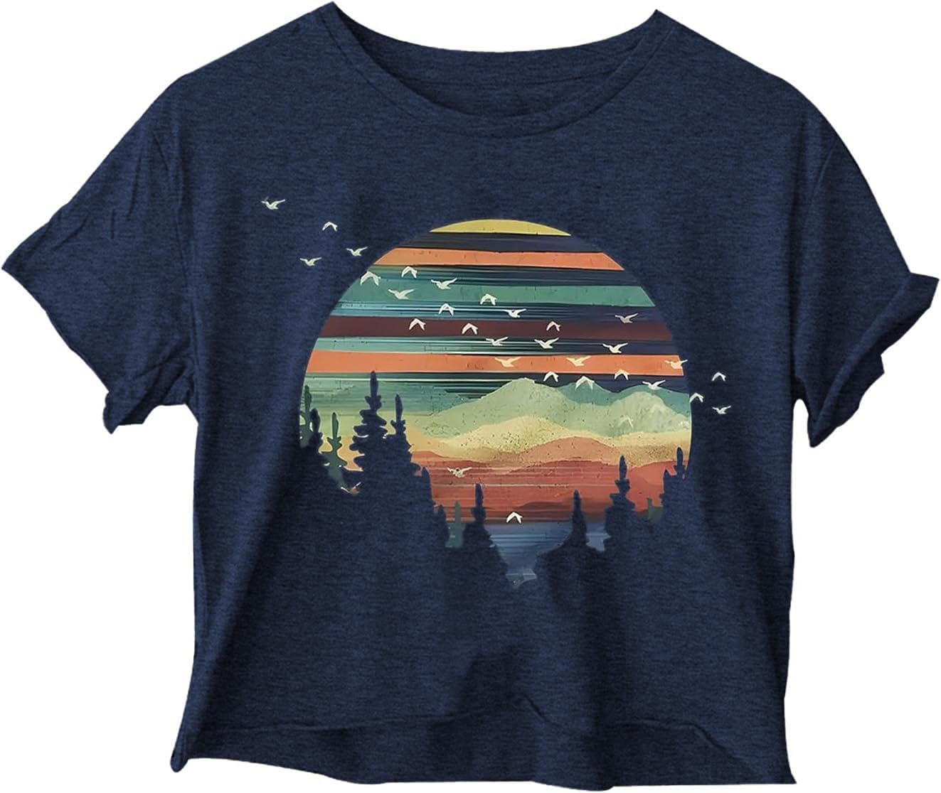 Woffccrd Womens Crop Tops Short Sleeve Wildflower Printed T-Shirts Crew Neck Summer Graphic Tee Tops - Image 5