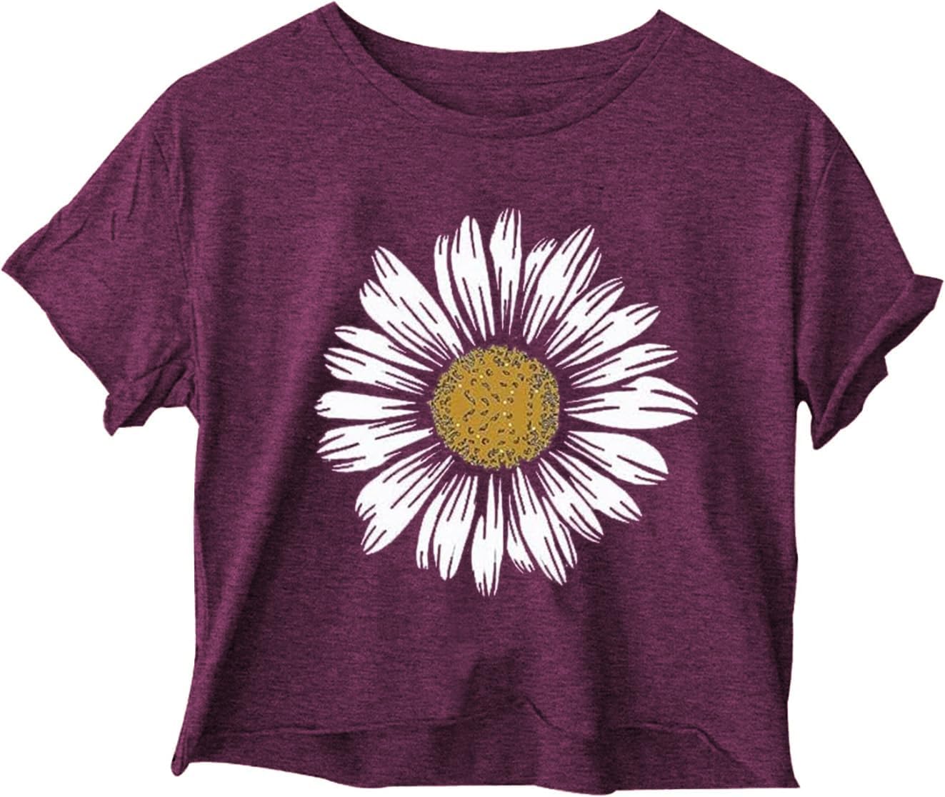 Woffccrd Womens Crop Tops Short Sleeve Wildflower Printed T-Shirts Crew Neck Summer Graphic Tee Tops - Image 8