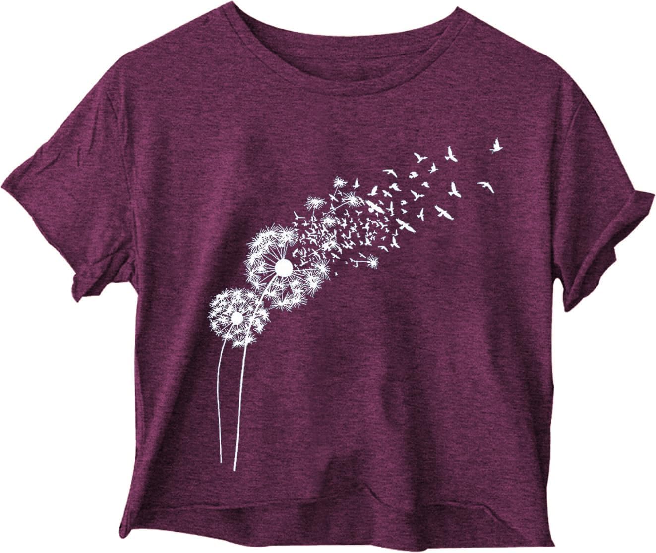Woffccrd Womens Crop Tops Short Sleeve Wildflower Printed T-Shirts Crew Neck Summer Graphic Tee Tops - Image 7