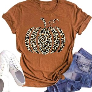 Woffccrd Womens Funny Leopard Pumpkin Printed Shirts Halloween Short Sleeve Graphic Tees Fall T-Shirts Tops