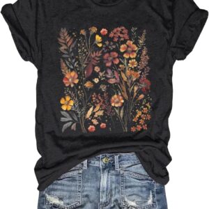 Women's Boho Flower T Shirt Vintage Flowers Printed Shirt Colorful Wildflower Graphic Tee Casual Botanical Short Sleeve