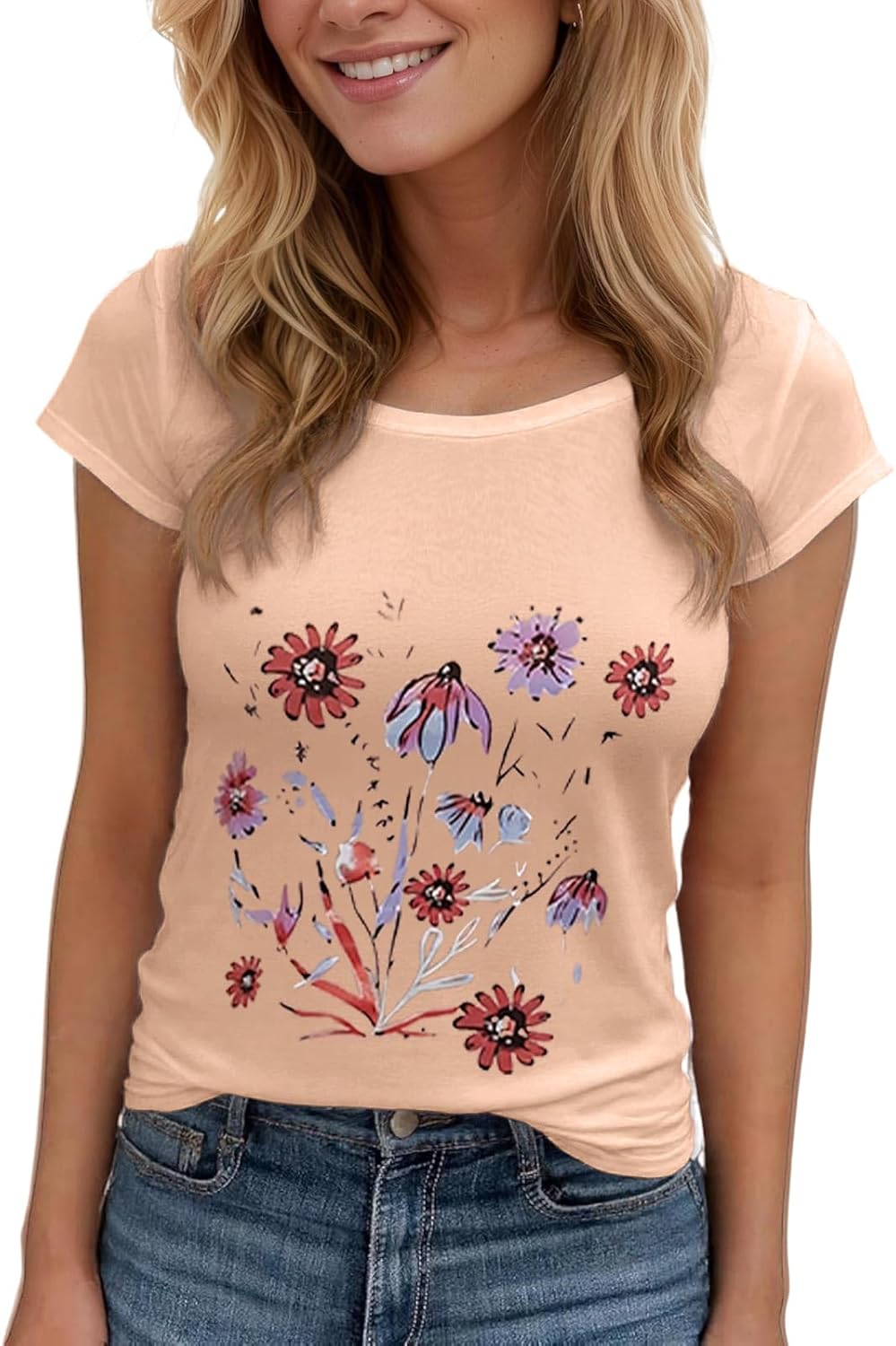 Women's Floral T-Shirts Graphic Loose Tees Sunflower Graphic Summer Short Sleeve Boho Casual Tops - Image 11