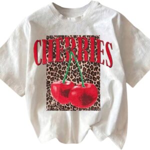 Women's Graphic Tees Bow Leopard Short Sleeve Crewneck Casual Crop Tops Summer T Shirt White and Red Large