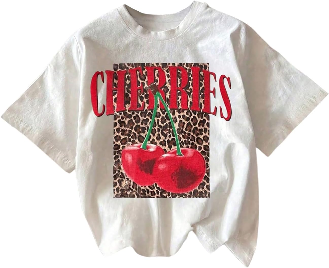 Women's Graphic Tees Bow Leopard Short Sleeve Crewneck Casual Crop Tops Summer T Shirt White and Red Large