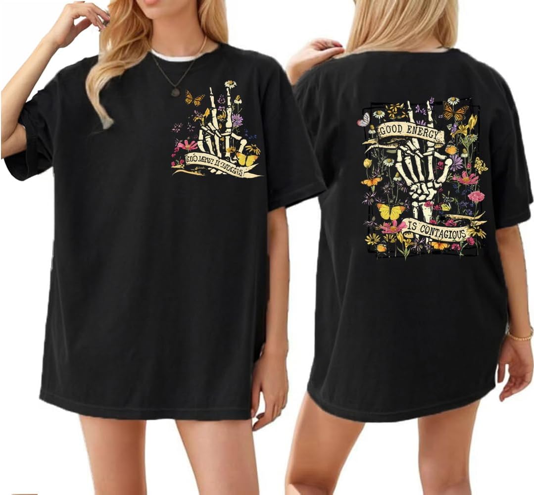 Womens Oversized Tshirts Skeleton Flowers Funny Graphic Loose Shirts Tops - Image 8