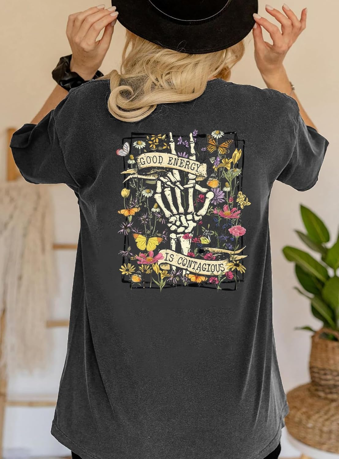 Womens Oversized Tshirts Skeleton Flowers Funny Graphic Loose Shirts Tops - Image 4