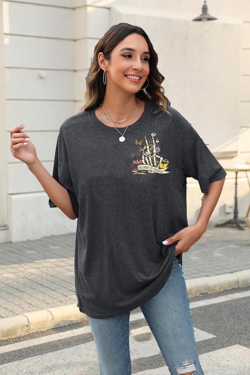 Womens Oversized Tshirts Skeleton Flowers Funny Graphic Loose Shirts Tops - Image 3
