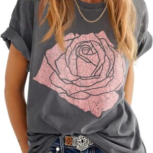 Womens Rose Graphic Tee T Shirt Loose Fit Summer Short Sleeve Casual Boyfriend Crew Neck Tops