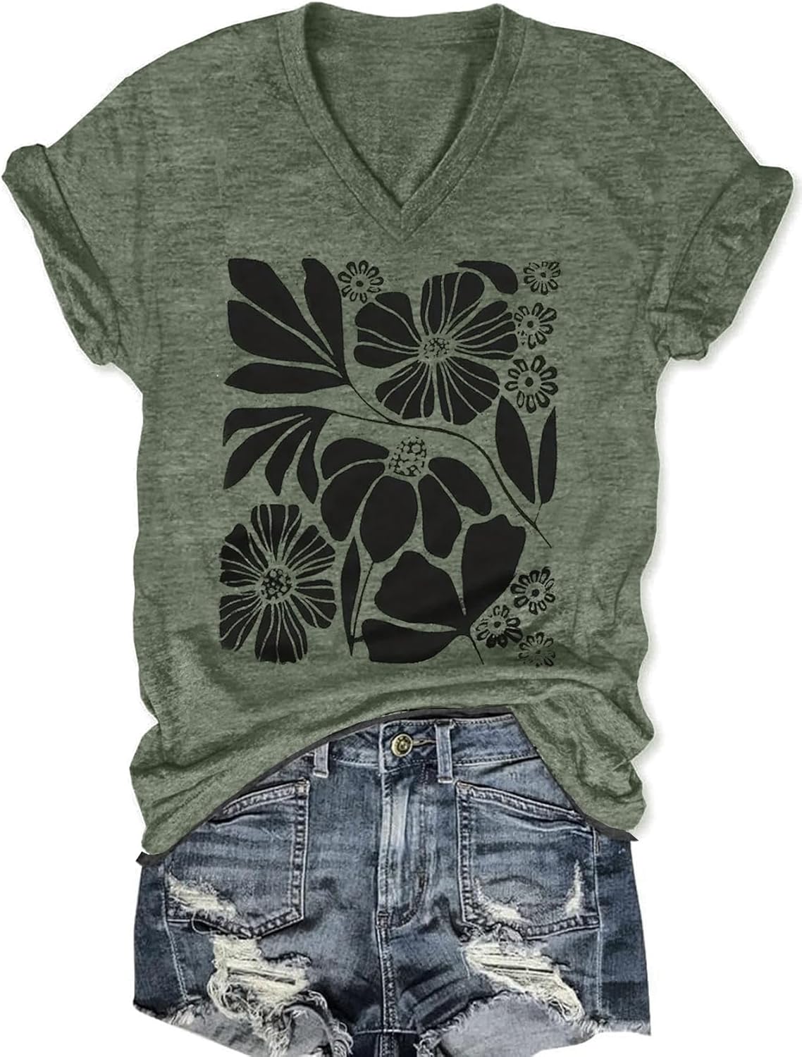 Women's T-Shirts V-Neck Boho Flowers Wildflowers Graphic Tees Shirts Cute Casual Summer Tops Short Sleeve T Shirt - Image 4