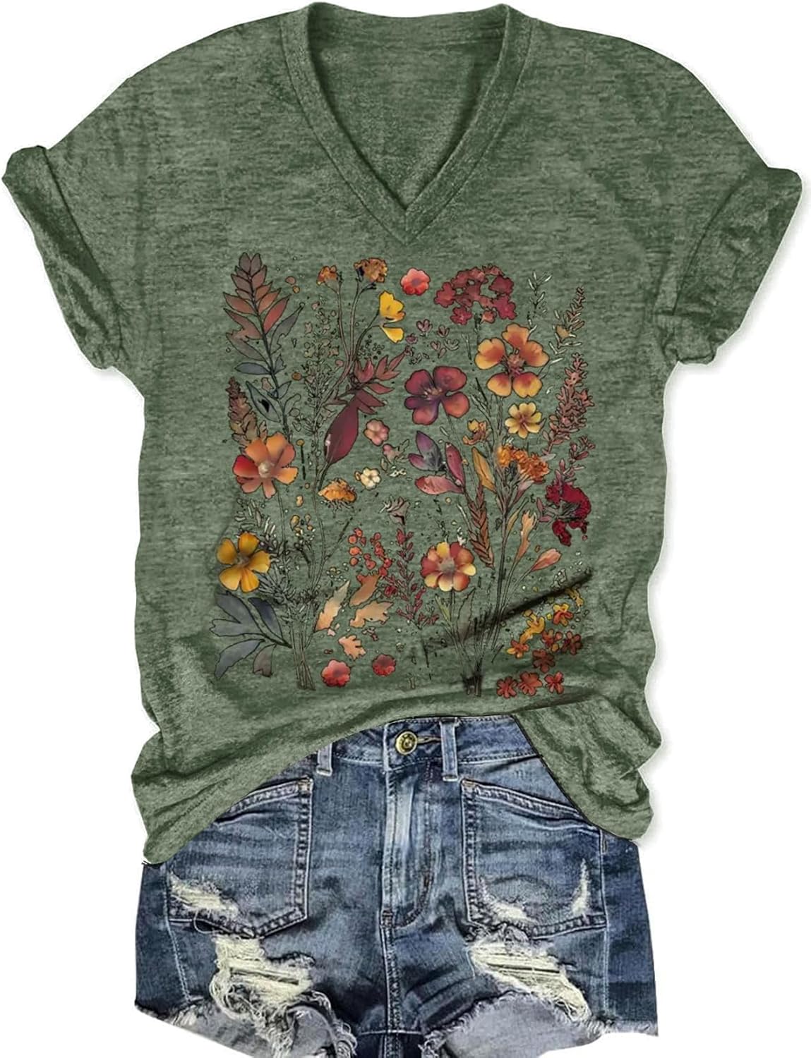Women's T-Shirts V-Neck Boho Flowers Wildflowers Graphic Tees Shirts Cute Casual Summer Tops Short Sleeve T Shirt - Image 21