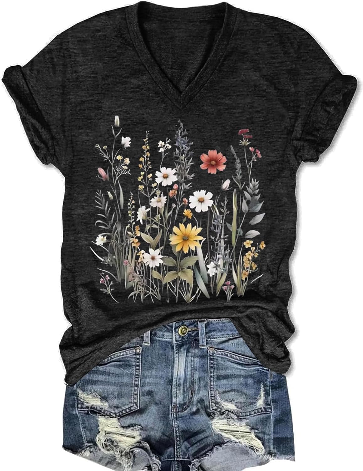 Women's T-Shirts V-Neck Boho Flowers Wildflowers Graphic Tees Shirts Cute Casual Summer Tops Short Sleeve T Shirt - Image 22