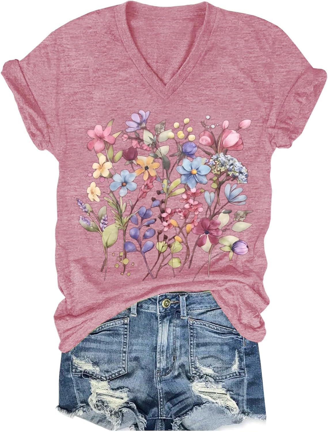 Womens V-Neck T-Shirt Flower Graphic Tees Summer Fashion Boho Tops Tshirts Loose Casual Wildflower Beach T Shirts - Image 28