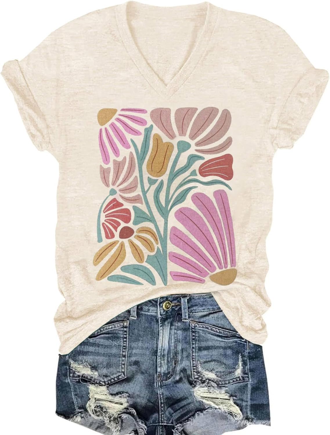 Womens V-Neck T-Shirt Flower Graphic Tees Summer Fashion Boho Tops Tshirts Loose Casual Wildflower Beach T Shirts - Image 30