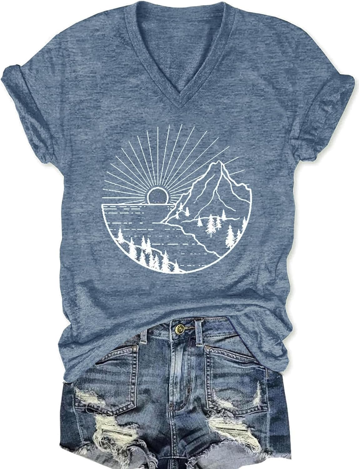 Womens V-Neck T-Shirt Flower Graphic Tees Summer Fashion Boho Tops Tshirts Loose Casual Wildflower Beach T Shirts - Image 31