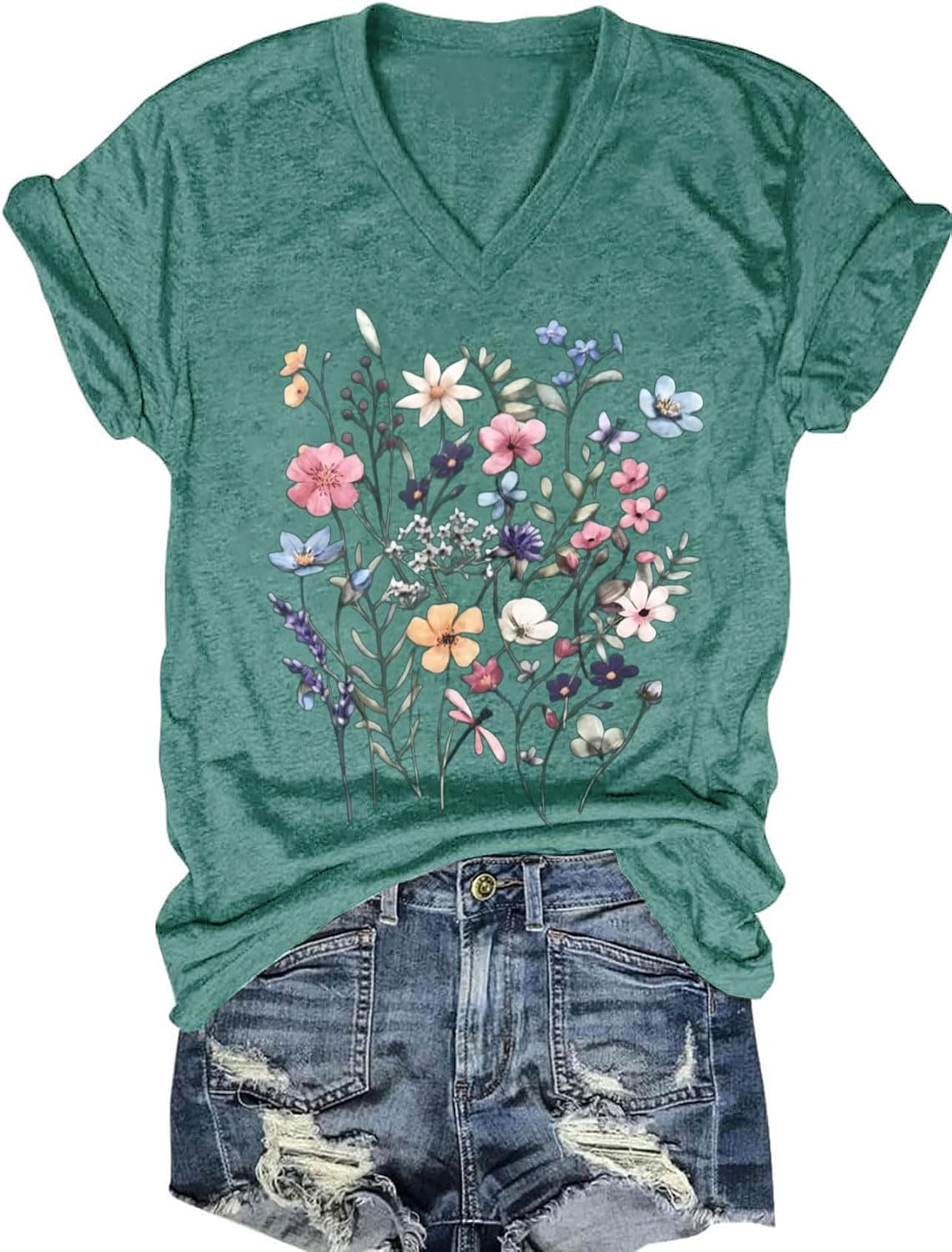 Womens V-Neck T-Shirt Flower Graphic Tees Summer Fashion Boho Tops Tshirts Loose Casual Wildflower Beach T Shirts - Image 20