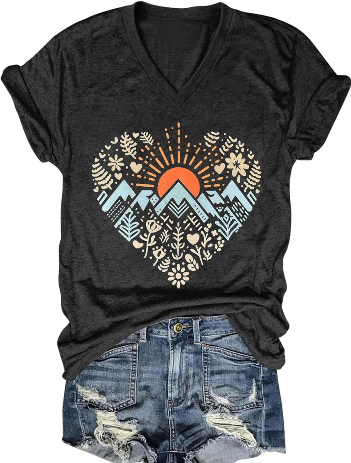 Womens V-Neck T-Shirt Flower Graphic Tees Summer Fashion Boho Tops Tshirts Loose Casual Wildflower Beach T Shirts - Image 7