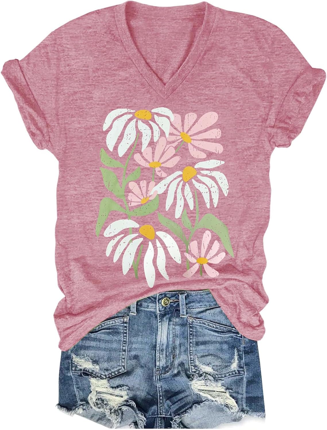 Womens V-Neck T-Shirt Flower Graphic Tees Summer Fashion Boho Tops Tshirts Loose Casual Wildflower Beach T Shirts - Image 3