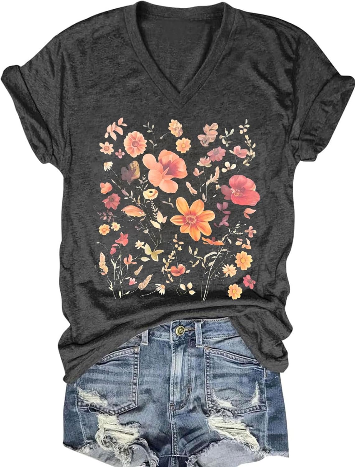 Womens V-Neck T-Shirt Flower Graphic Tees Summer Fashion Boho Tops Tshirts Loose Casual Wildflower Beach T Shirts - Image 9