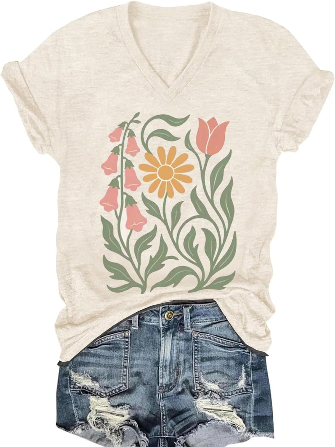 Womens V-Neck T-Shirt Flower Graphic Tees Summer Fashion Boho Tops Tshirts Loose Casual Wildflower Beach T Shirts - Image 10