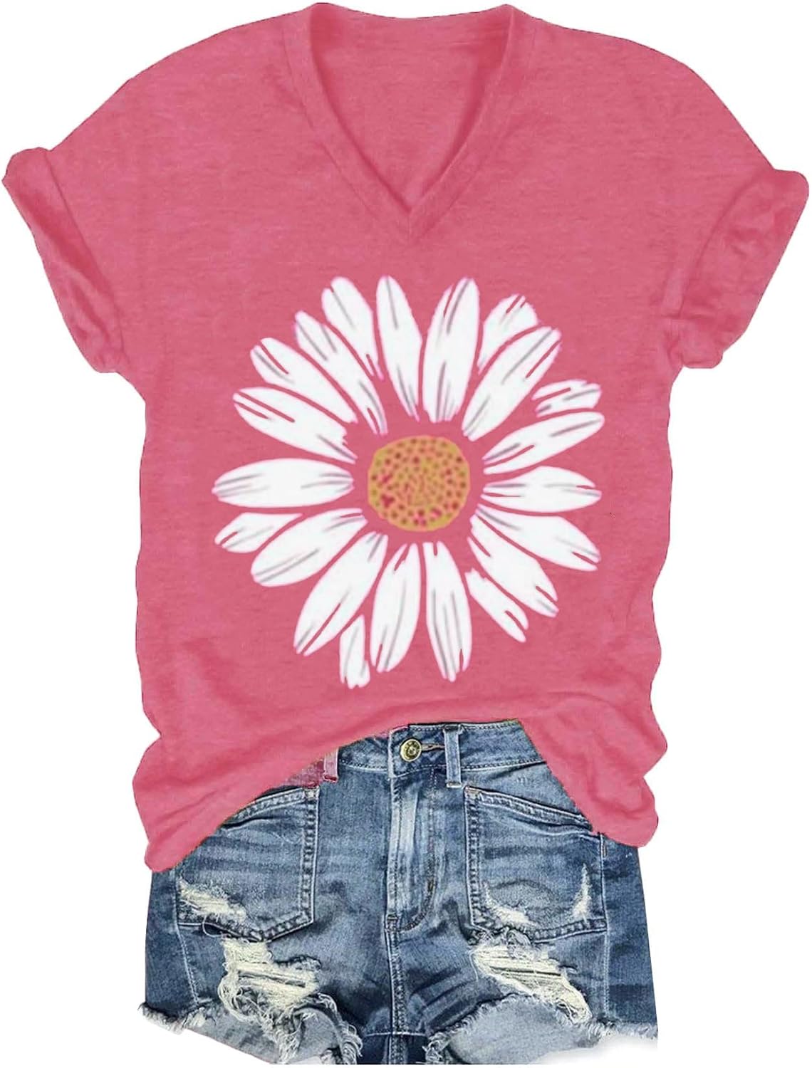 Womens V-Neck T-Shirt Flower Graphic Tees Summer Fashion Boho Tops Tshirts Loose Casual Wildflower Beach T Shirts - Image 6