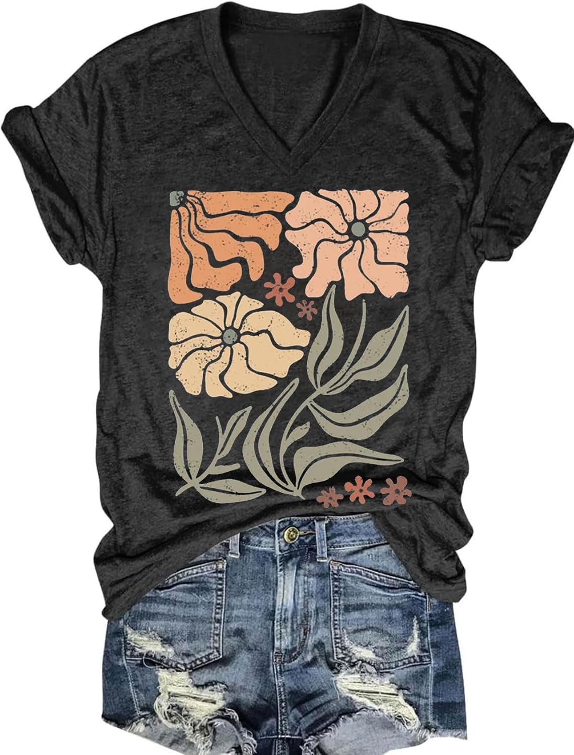 Womens V-Neck T-Shirt Flower Graphic Tees Summer Fashion Boho Tops Tshirts Loose Casual Wildflower Beach T Shirts - Image 29