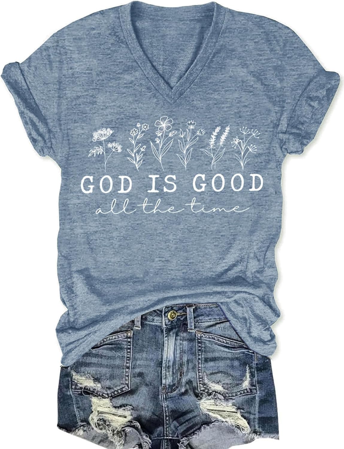 Womens V-Neck T-Shirt Flower Graphic Tees Summer Fashion Boho Tops Tshirts Loose Casual Wildflower Beach T Shirts - Image 33