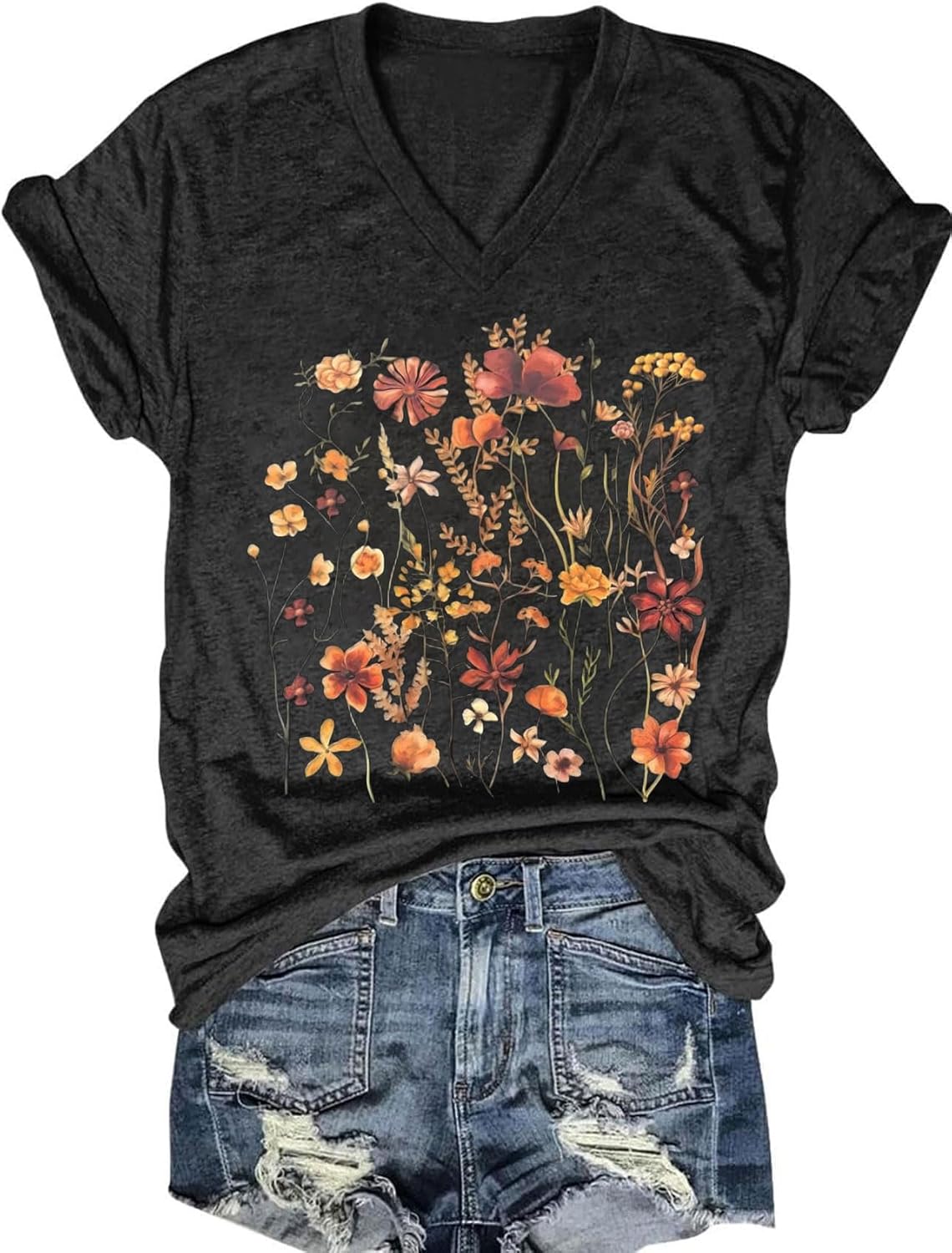 Womens V-Neck T-Shirt Flower Graphic Tees Summer Fashion Boho Tops Tshirts Loose Casual Wildflower Beach T Shirts - Image 27