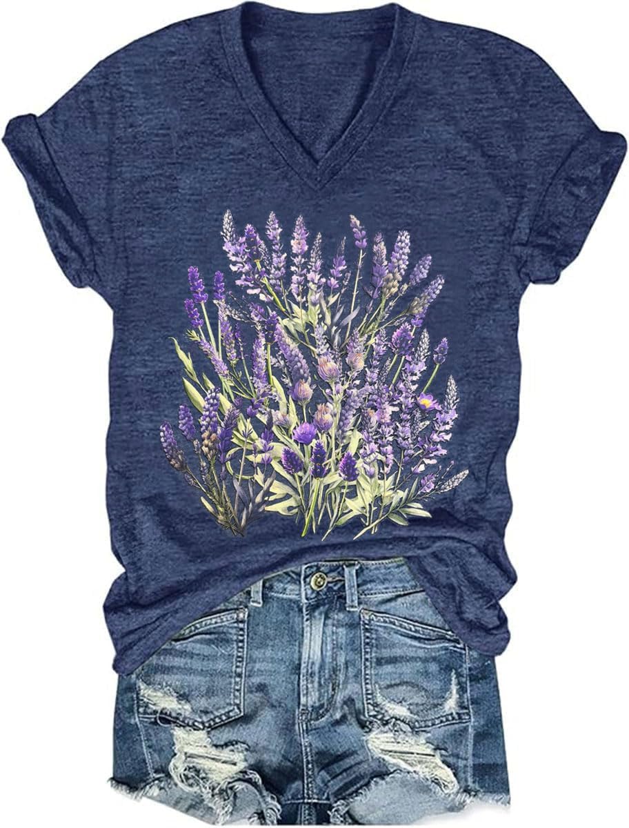 Womens V-Neck T-Shirt Flower Graphic Tees Summer Fashion Boho Tops Tshirts Loose Casual Wildflower Beach T Shirts - Image 13